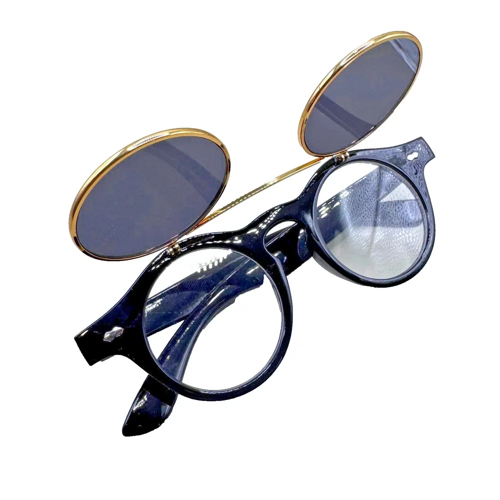 Music Festival Fashion Sunglasses Round Lenses Flip-Up Unisex - Shiny Black